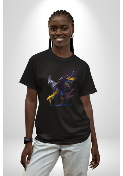 Kara Kartal Sulu Boya Pamuklu Bisiklet Yaka Unisex Oversize Boyfriend Dijital Baskılı Siyah T-shirt Siyah