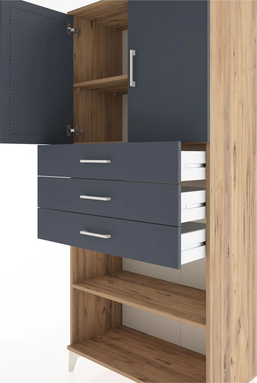 Hyperion Dolap 3 Raflı 3 Çekmeceli 2 Kapaklı 88x44x195 Çam-an... Çam