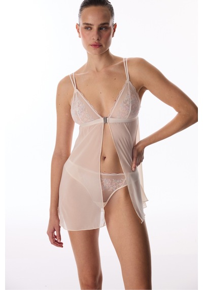 Penti Bej Front Opening Broderie Babydoll