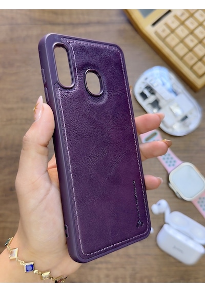 Samsung Galaxy A20 / A30 Uyumlu Premium Deri Dokulu Darbelere Karşı Dayanıklı Nazal Silikon Kılıf Mor