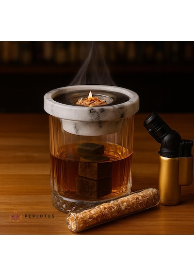 Menekşe Mermer Viski Kokteyl Dumanlama Tütsüleme Seti Premium Smoke Aparatı Beyaz