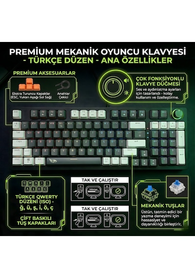 Mekanik Rgb Gaming Kablolu Klavye Mavi Switch Knob Kontrollü Ses Ayarı Türkçe Q Numpadli Full Size Gaming Keyboard Double Shot Type-c Kablolu Rgb Mekanik Örgü Kablolu Oyuncu Klavyesi