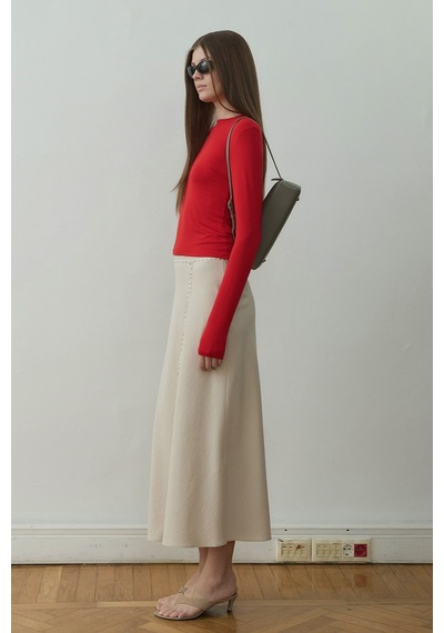 Suud Collection Bej Leda Beli Lastikli Midi Etek