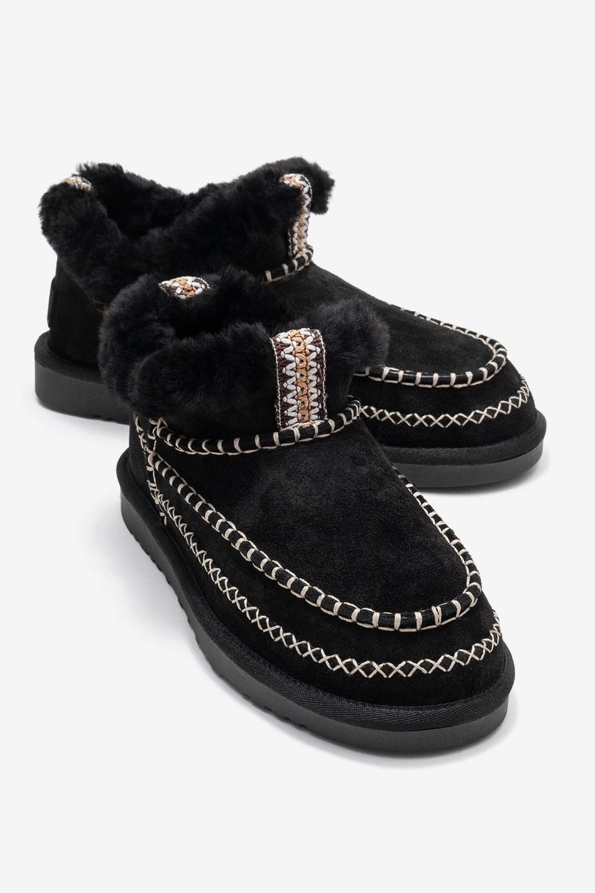 Luvishoes Luvi Shoes Darel Siyah Süet Hakiki Deri Dikişli Kürklü Kadın Kısa Bot Siyah Süet