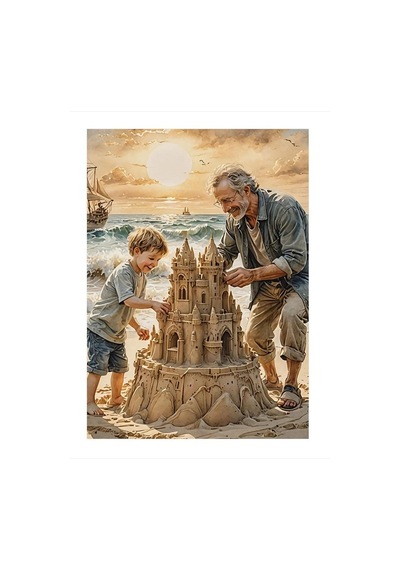 Kumdan Kale Yapan Çocuk Ve Adam Art Mdf Poster 35cm X50cm