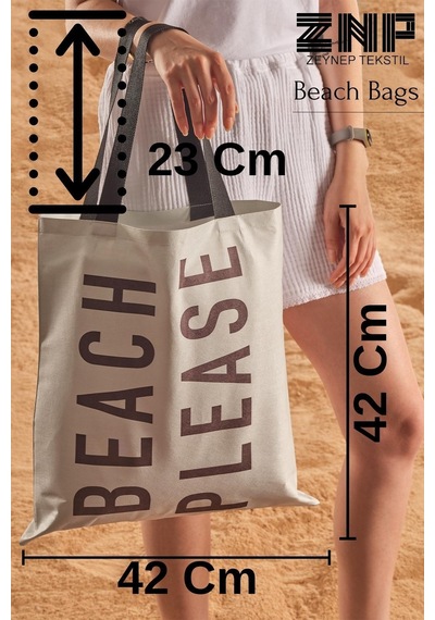 Beach Please Desen Baskılı Plaj Çantası Bej