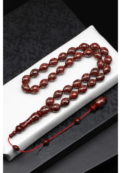925 Ayar Gümüş İşlemeli Kuka Ağacı Tesbih 10 X 13 Mm Arpa Kesim - T-1873