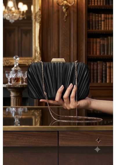 Zeyymoda Siyah Pilse Desenli Abiye Çanta Pile Desen Abiye Çanta Ve Clutch Portföy El Gece Düğün Nişan Abiye Çantası