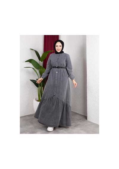 Hb Harma Time Butik Kadın Düğmeli Kuşaklı Denim Koyu Gri Kot Elbise Koyu Gri Koyu Gri