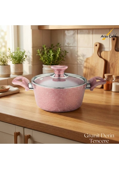 20 Cm Granit Derin Tencere Cam Kapak - Pembe Pembe