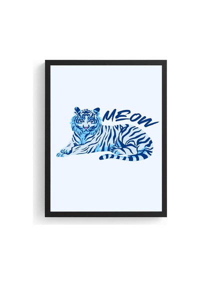 Doğal Ahşap Çerçeveli Retro Kedi Tablo - Mavi Meow Desen Huhu2420
