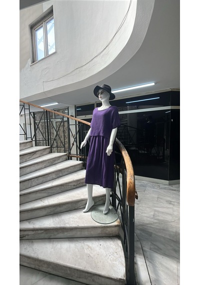 Eren Style İtalyan Müslin Keteni Üstü File Bluzlu Astarlı Tek Parça Elbise-9256 Mor