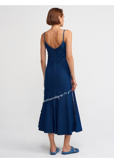 Dilvin 90526 Askılı Koyu Renk Denim Elbise-Lacivert