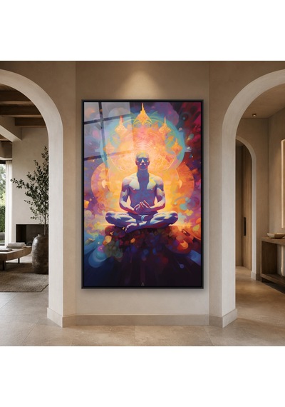 Renkli Aurada Lotus Meditasyonu Siyah Çerçeveli Cam Tablo