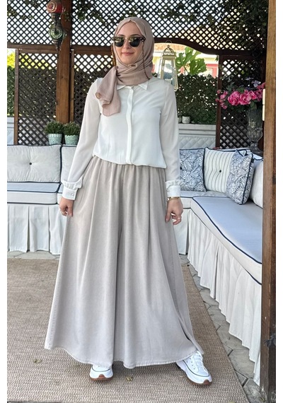 Rabia Şamlı Vera Etekli Pantolon Taş Normal