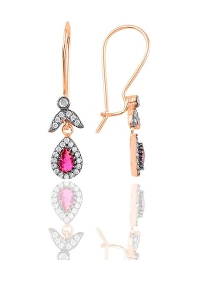 Gümüş Rose Kök Yakut Taşlı Damla Üçlü Set