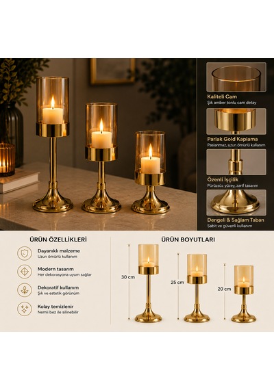 Gold Metal Ayaklı Amber Cam Mumluk 3'lü Set Amber Cam Dekoratif Şamdan 20-25-30 Cm