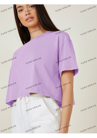 Flood Of Style Crop Ckod-232913 Pamuk Damla Omuz Düz Kısa Mor