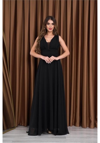 Dip Moda Kadın Siyah V-yaka Şifon Abiye Elbise Dpnb2027 Siyah