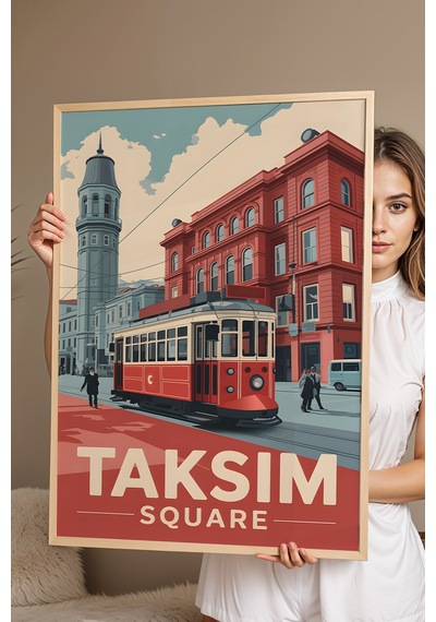 Taksim Meydanı Tablo - Nostaljik İstanbul Posteri - Retro Tramvay Duvar Dekoru - Şehir Tablosu Kayın