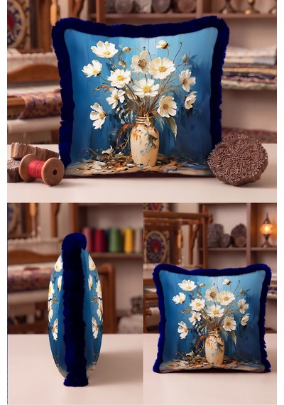 Çiçekli Vazo Desen Saçaklı Yastık Kılıfı-natürmort Floral Mavi Krem Lacivert Püsküllü Kırlent Kılıfı Uzak Ufuk Aura Çiçekli Vazo Desen Saçaklı Yastık Kılıfı-natürmort Floral Mavi Krem Lacivert Püsküllü Kırlent Kılıfı Uzak Ufuk Aura