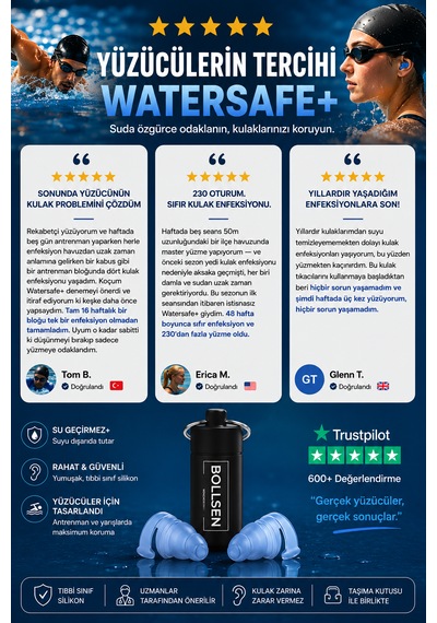 Watersafe+ Yüzme Kulak Tıkacı Su Geçirmez Silikon Havuz, Deniz, Duş Ve Banyo İçin 24 Db, Yeniden Kullanılabilir