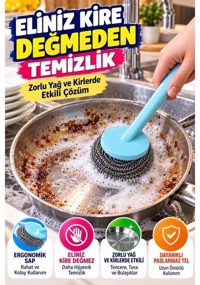 4'lü Süper Set Bulaşık Teli Fırçası 3 Yedek Tel Telli Bez Tencere Tava Mutfak Temizlik Seti