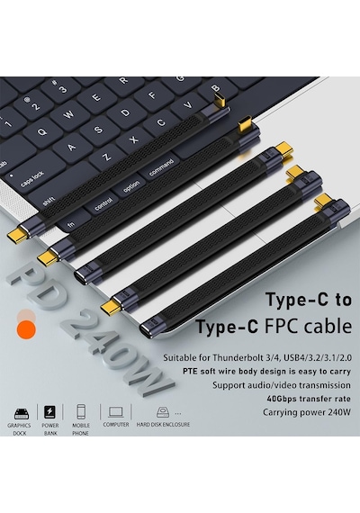 Usb4 Fpc Esnek Tip-c Kablo - 240w Pd3.1 Hızlı Şarj, 40gbps Veri Aktarımı, 8k 60hz Görüntü Desteği - 15 Cm Kby