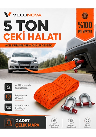 5 Ton Çekme Halatı 3 Metre 5 Cm 2 Adet Omega Kilitli Çelik Mapa Ce Belgeli %100 Polyester Araç Kurtarma Halatı Kırmızı