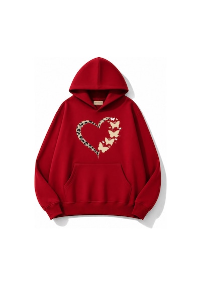 Herkesemoda Leopar Efektli Kalp Baskılı Kapüşonlu 2 İplik Şardonlu Sweatshirt Kırmızı