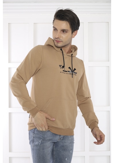 Escetic Spor Erkek Koyu Vizon Cepli, Kapüşonlu Sweatshirt-4177