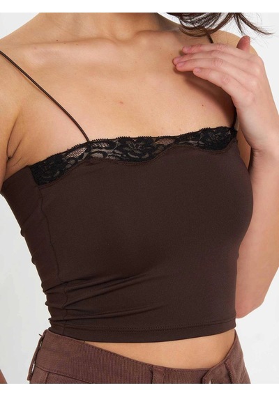 Elora Atelier Dantel Detaylı Askılı Crop Atlet Kahve
