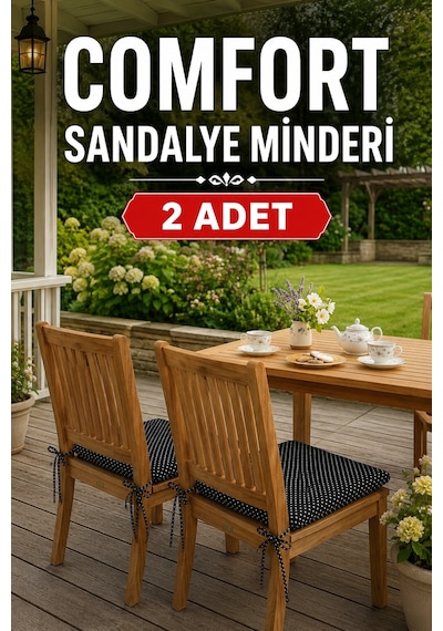 Comfort 2 Adet Sandalye Minderi Bağcıklı Özel Dikişli Süngerli Pamuklu Kumaş Sandalye Minderi Puanlı Siyah