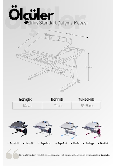 Sirius Standart Yükseklik Ve Eğim Ayarlı Çekmeceli Bilgisayar, Ofis Ve Çalışma Masası Ekru Mavi Gri