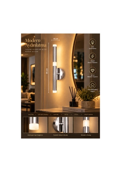 Mylüx Lina Aplik Krom 220v Elektrikli Led 35 Cm Modern Dekoratif Duvar Aydınlatma Gümüş Gümüş