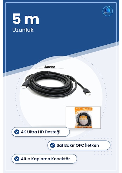 Hdmı Kablo 5 M V1.4 Ultra Hd 4k Saf Bakır Ofc Altın Kaplama Telev