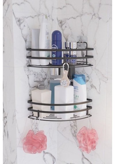 Suntel Tek Katlı Sticker Yapışkan Lamlı Banyo Köşeliği 2lı Set + 3 Adet Kanca Siyah