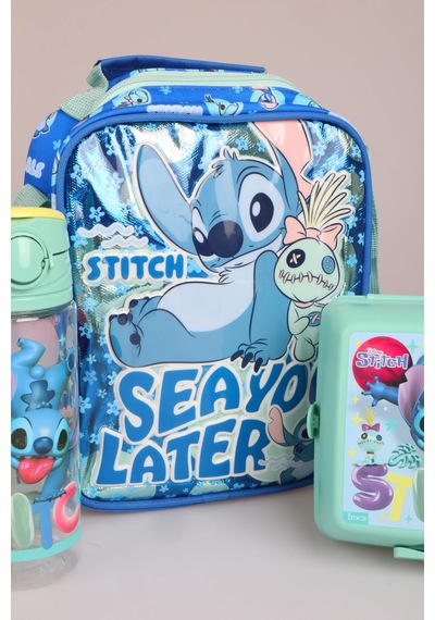 X Dekomus Lisanslı Stitch "ıconic Blue Collection" Termoslu Beslenme Çantası, 500 Ml Matara Ve Beslenme Kabı Seti Altın