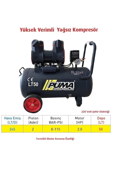 Puma PSLYH50-2M 50 L Yüksek Verimli Yağsız Kompresör