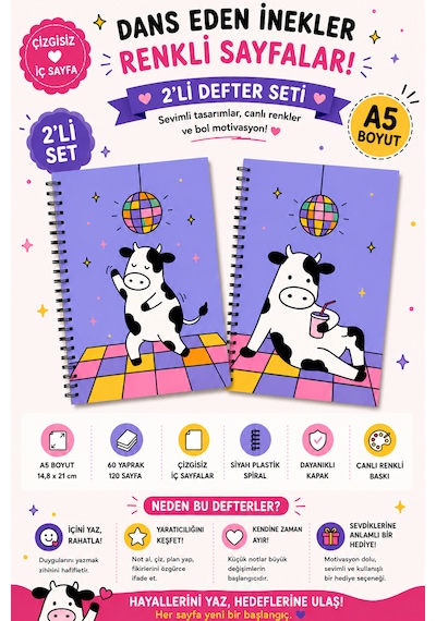 Zumio Disco Cow Koleksiyonu 2'li A5 Spiralli Defter Seti 60 Yaprak Çizgisiz Siyah Plastik Spiral Düz