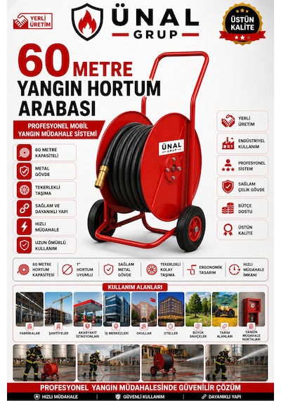 60 Metre Yangın Hortum Arabası Tekerlekli Metal Hortum Sarma Makarası Mobil Yangın