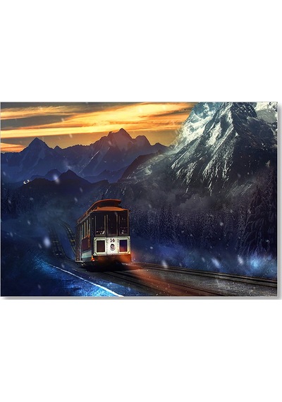 Cakasepetim Dağlar Kar Yağışı Ve Tren Ahşap Mdf Tablo
