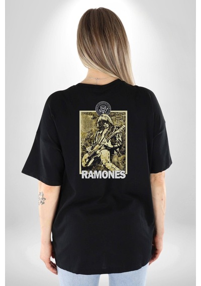 Ramones Rock Kulüp Pamuklu Unisex Oversize Sırt Dijital Baskılı Siyah T-shirt Siyah