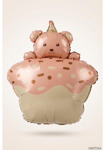 Ayıcık Figürlü Pembe Retro Cupcake Folyo Balon Baby Shower Doğum Günü Parti Süsü Çok Renkli