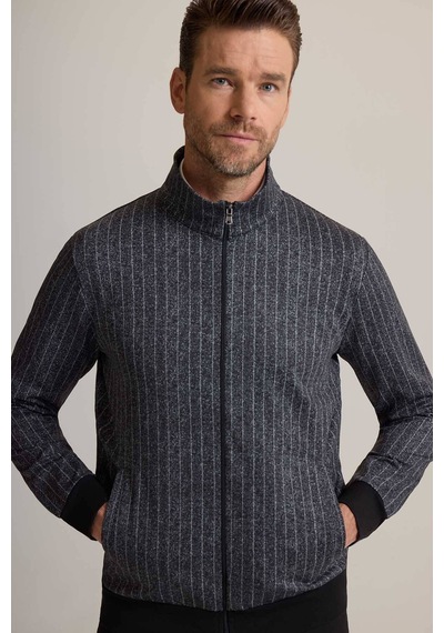 Ysf Erkek Gri Çizgili Fermuarlı Çizgi Desenli Sweatshirt