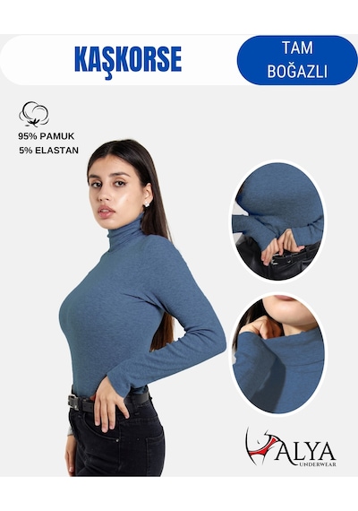 Alya Underwear Kaşkorse Tam Boğazlı Body Sweatshirt, Fitilli Kumaş, Likralı, Gül Kurusu İndigo Melanj