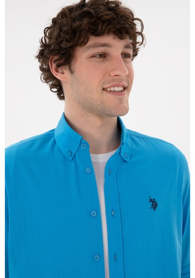 U.S. Polo Assn. Erkek Mavi Keten Görünümlü Basic Gömlek 50306285-VR007