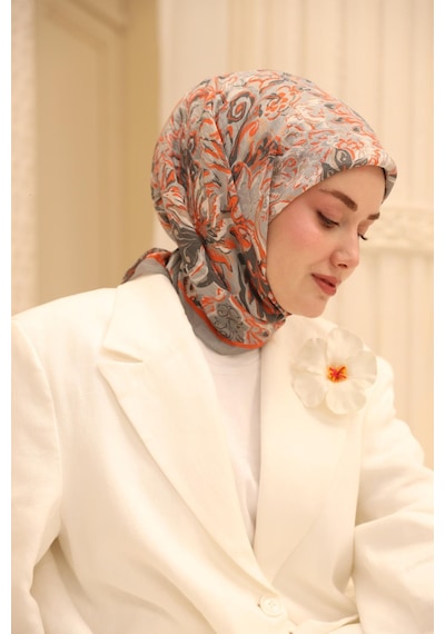 Silk Home Olinda İpek Eşarp 47002-08 Gri, Parlak Turuncu, Füme, Ekru