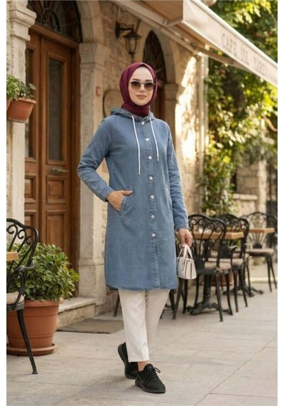 Hb Harma Time Butik Kadın Kapüşonlu, Düğmeli Ve Uzun Kot Mavi Ceket Mavi Mavi