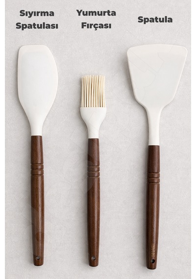 3 Parça Pastacı Seti - Akasya Saplı Silikon Spatula, Sıyırma Spatulası, Yumurta Fırçası - Mutfak Beyaz